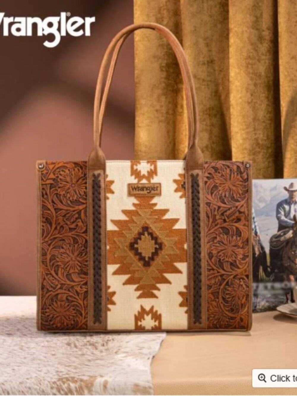 Wrangler Tooled Aztec Tote Crossbody Purse, Brown NWT